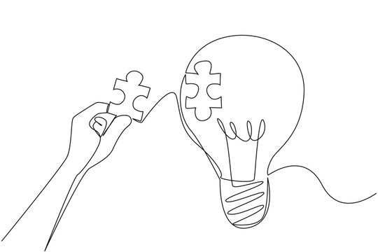 Single one line drawing hand holds puzzle piece and wants to stick it to the surface of hollow bulb. Patching the void of thought. National Creativity Day. Continuous line design graphic illustration
