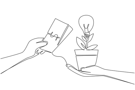 Continuous one line drawing hands holds pots containing plants with lightbulb flowers the others holds banknotes. Buying experience National Creativity Day. Single line draw design vector illustration - Powered by Adobe