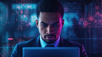 Business professional engaged with laptop displaying digital graphics representing artificial intelligence and machine learning technologies in a modern office environment