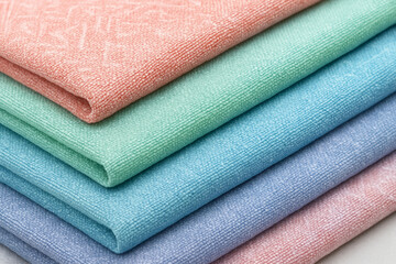 Stack of pastel woven textiles in pink mint and blue with raw texture