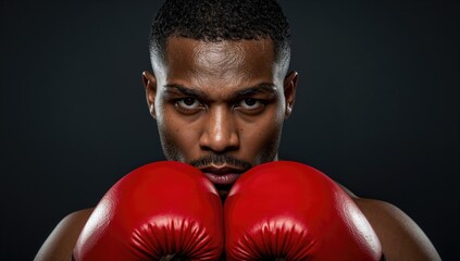 African American male boxer wearing red gloves with a focused expression preparing for an upcoming match against a dark background