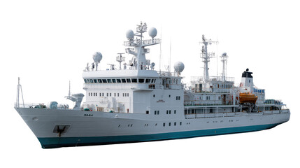 Obraz premium Oceanic Explorer: A state-of-the-art research vessel glides gracefully across the vast ocean, equipped with advanced technology for maritime exploration.