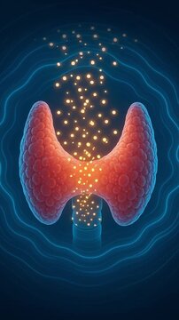 Thyroid gland medical illustration highlighting hormone release with glowing particles, vibrant colors emphasize anatomy, endocrine function, and health, scientific organ illustration for educational
