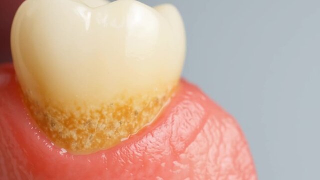 Dental plaque yellow tartar buildup and gum inflammation human tooth close up oral health problem unhealthy mouth need for dental cleaning macro detail tooth with visible tartar buildup dental plaque