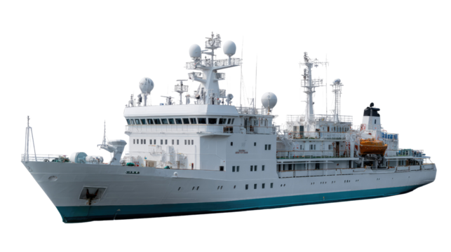 Oceanic Explorer: A state-of-the-art research vessel glides gracefully across the vast ocean, equipped with advanced technology for maritime exploration.
