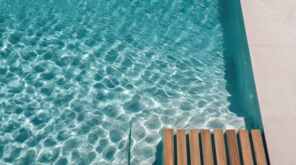 Minimalist luxury swimming pool with crystal clear turquoise water and sun reflections beside wooden deck, perfect for travel promotions, wellness ads, and architectural design visuals