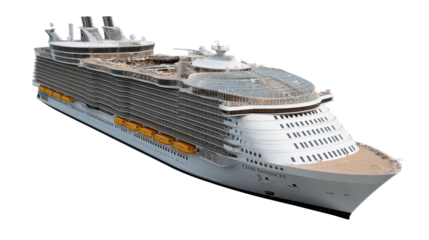 Luxury Cruise Ship: A grand cruise ship, a floating hotel, sets sail, showcasing its architectural design and the promise of maritime adventures.