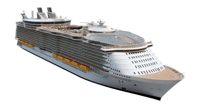 Luxury Cruise Ship: A grand cruise ship, a floating hotel, sets sail, showcasing its architectural design and the promise of maritime adventures.