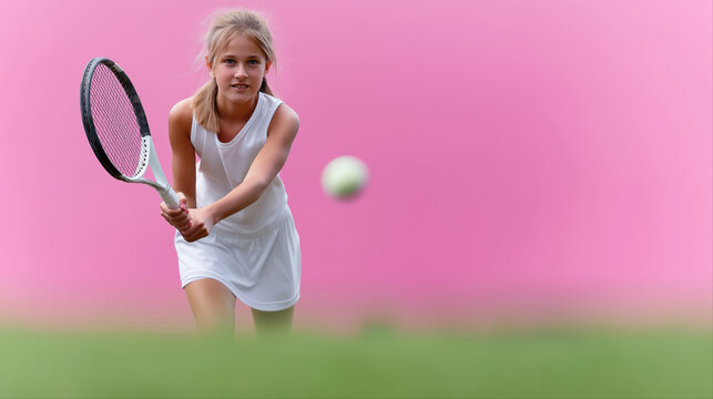 Young caucasian female tennis player focusing on the ball against pink background - Powered by Adobe