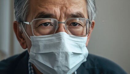 Elderly man with gray hair wearing a protective face mask and safety glasses with an intense focused expression indoors during a health precaution scenario