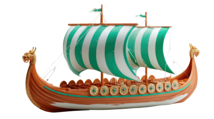 Viking Ship Sails the Sea: A detailed depiction of a traditional Viking ship, with its distinctive longboat design and billowing sails. The ship is ready to set sail.