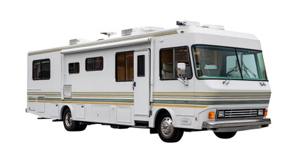 RV Adventure on the Open Road: A pristine recreational vehicle, perfect for travel, stands ready for exploration, offering a sense of freedom and the promise of new experiences.