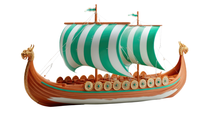 Viking Ship Sails the Sea: A detailed depiction of a traditional Viking ship, with its distinctive longboat design and billowing sails. The ship is ready to set sail.