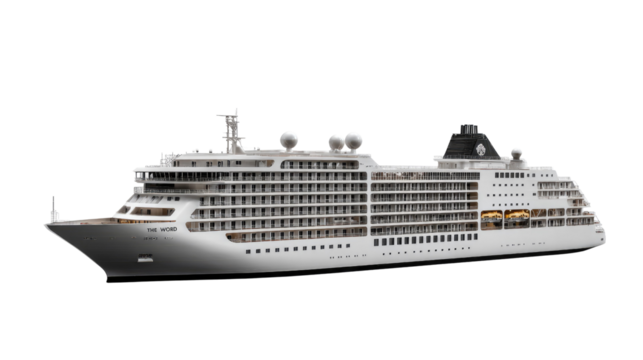 Luxury Cruise at Sea: A pristine cruise ship, designed for ultimate relaxation and exploration, sails gracefully across the open water, promising a voyage of unforgettable experiences.