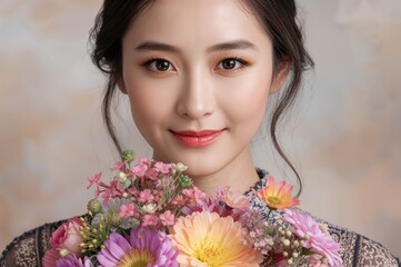 Naklejka premium Close-up portrait of young woman with dark hair holding a vibrant bouquet of colorful flowers against a soft blurred background