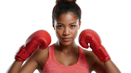 Confidence in the Ring: A determined female boxer, adorned in vibrant red gloves, radiates confidence, her gaze piercing as she prepares for a challenging fight.