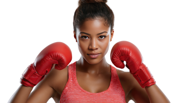 Confidence in the Ring: A determined female boxer, adorned in vibrant red gloves, radiates confidence, her gaze piercing as she prepares for a challenging fight. 
