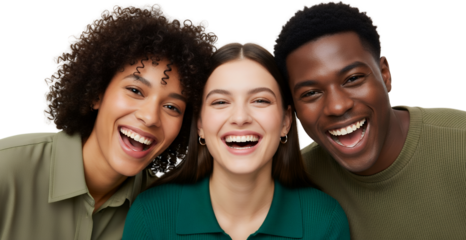 Three young people diverse ethnicity laughing together expressing joy and happiness Laughter Friends Smile Group Celebration Emotion Female Male Casual