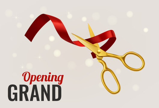 Grand opening background with red ribbon and golden scissors - Powered by Adobe