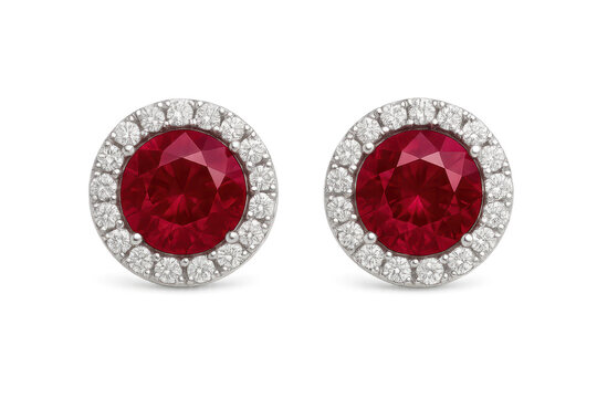 Elegant ruby and diamond halo earrings isolated on transparent background, style