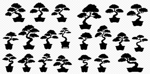 A collection of detailed black silhouette illustrations of traditional Japanese bonsai trees in various styles and potted forms.