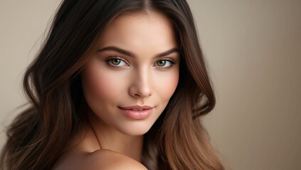 Obraz premium Elegant female portrait featuring soft waves of long hair and striking green eyes, set against a neutral background, showcasing natural beauty and smooth skin.
