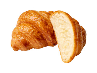 Top view of one brown or golden croissant with a half in stack isolated with clipping path in png file format