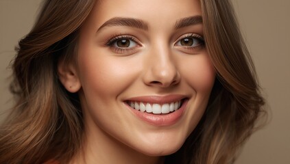 Obraz premium Portrait of smiling young woman with flawless skin and wavy hair, showcasing natural beauty and healthy complexion against a neutral background.