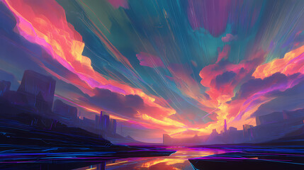 Vibrant dawn paints a futuristic cityscape with colorful sky, reflections, and abstract lines.