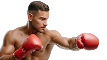 Boxing Power: A focused boxer, muscles rippling with strength, delivers a powerful punch, his gaze unwavering, displaying the essence of discipline and athleticism.