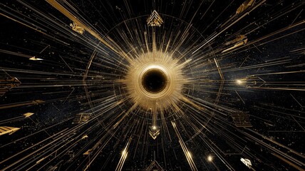 Futuristic abstract golden black hole and glowing tunnel in dynamic digital energy explosion with radiant sparks and technological lines