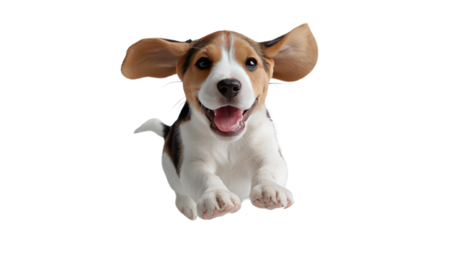 Joyful Beagle in Flight: Capture the pure joy of this playful beagle as it leaps with unbridled glee, its ears flapping in the wind and a happy grin lighting up its face.