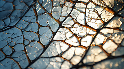 Abstract background with stained glass in shape of a leaf veins with shimmering sunlight reflections highlighting natural patterns and fresh botanical textures