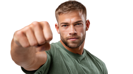 Determined man: The image showcases a focused man extending his fist forward. With a determined expression, he exudes confidence and strength. 