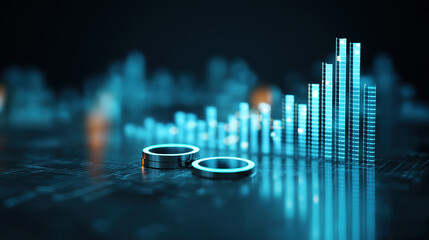 3D infographics for business presentation with neon glowing charts, bars and pie diagrams. Generated AI