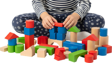 Fototapeta premium Child's hands stacking colorful wooden building blocks creating early childhood education structures toy creativity development play fun learning intelligence