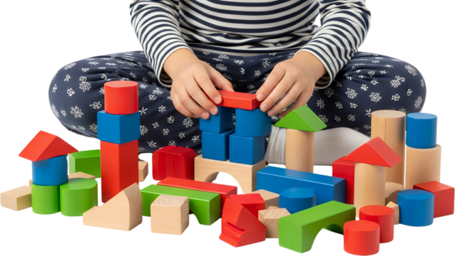 Child's hands stacking colorful wooden building blocks creating early childhood education structures toy creativity development play fun learning intelligence - Powered by Adobe