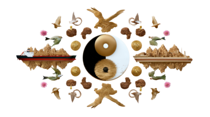 Yin and Yang Harmony in Balance: A conceptual representation of balance and harmony, with a central Yin and Yang symbol surrounded by various symbolic elements