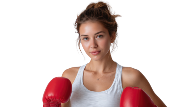 Punching with Confidence: A determined young woman in boxing gloves, radiating strength and poise, prepares to strike with unwavering resolve.