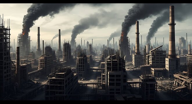 Dystopian Urban Landscape with Decaying Factories and Heavy Air Pollution