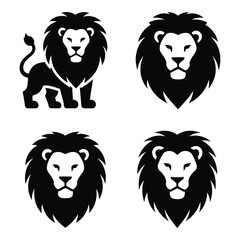 Majestic lion icon collection featuring full body silhouette and detailed fierce head graphics for branding and design projects silhouette