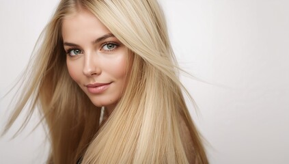 Naklejka premium Blonde woman with long flowing hair facing camera against a plain background showcasing natural beauty with soft makeup and healthy hair texture