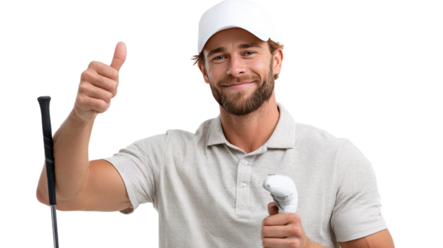 Smiling Golfer giving thumbs-up: A confident golfer, holding a club and ball and giving a thumbs-up, epitomizes the spirit of the game, celebrating the thrill of the sport.
