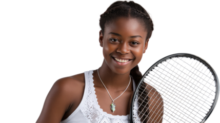 Tennis Star's Warm Smile: A young, graceful tennis player, radiating confidence and joy, poses with her racket, embodying the spirit of sportsmanship and the thrill of the game.