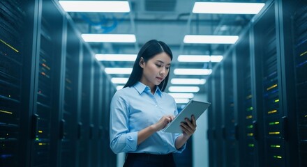 Professional Asian woman expertly manages data systems in a modern, illuminated server room with tablet in hand, showcasing technological innovation and efficiency.