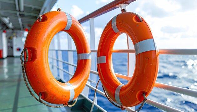 Two Orange Lifebuoys Hanging on Cruise Ship Railing With Ocean View in Bright Sunlight