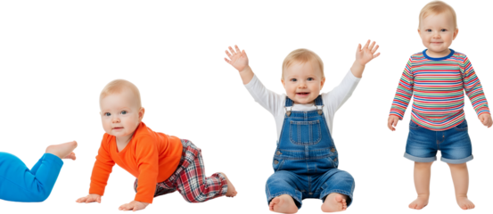 Four babies of similar age displaying various developmental milestones crawling sitting with arms raised and standing Baby Infant Child Childhood Joy Happiness