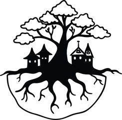 elf village inside giant tree roots line drawing vector illustration on transparent background