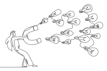 Single one line drawing Arab businessman holds big magnet attracting various sized lightbulbs. Try the best for multiple profits. National Creativity Day. Continuous line design graphic illustration