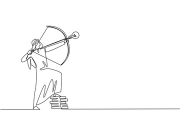 Single continuous line drawing Arab businessman archery arrow with lightbulb tip, one foot rest on pile of coins. Aiming for more profits. National Creativity Day. One line design vector illustration